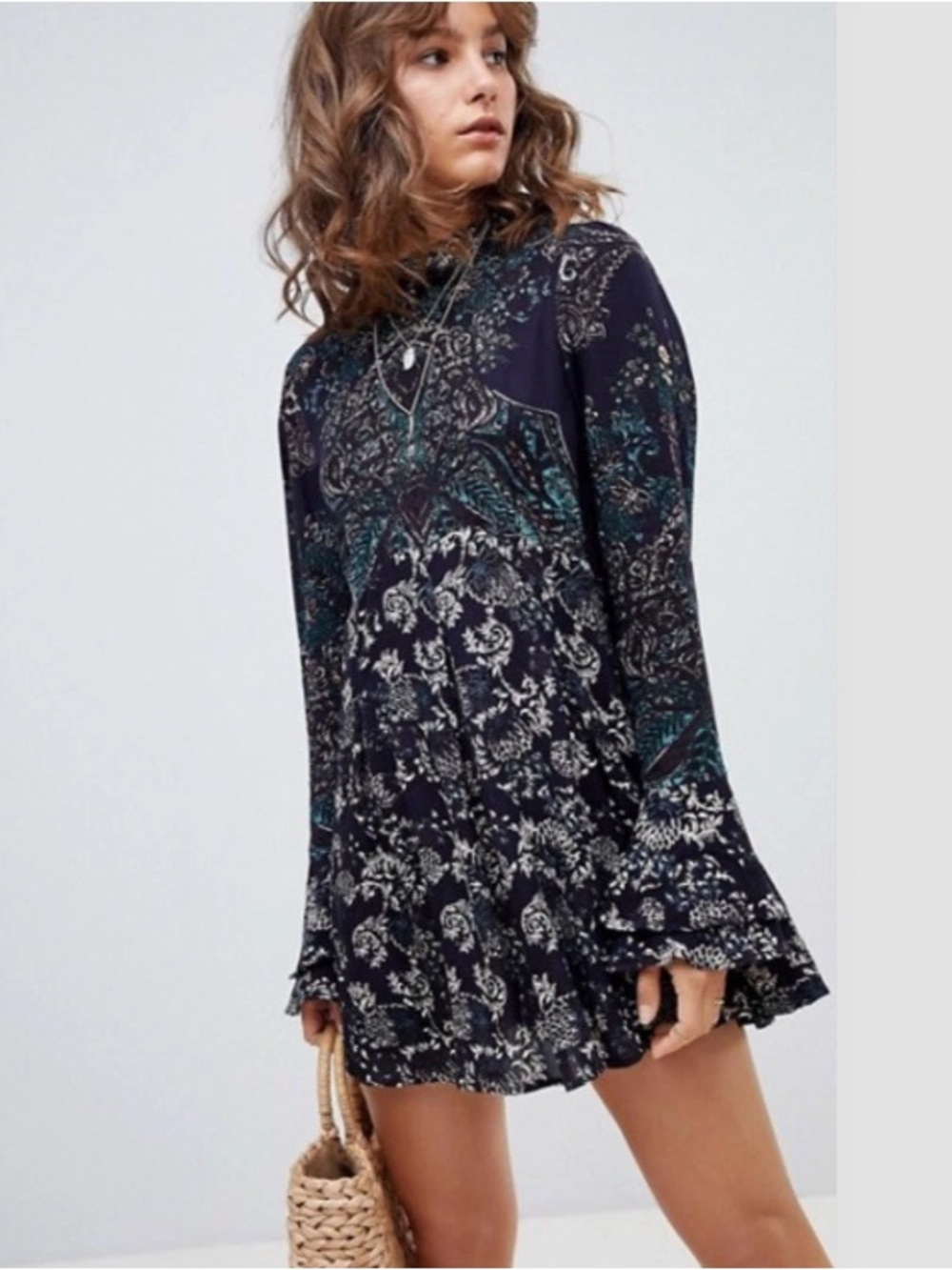 NWT Free People Lady Luck Women's Teal Black Floral Tie-Back Tunic Mini Dress, S